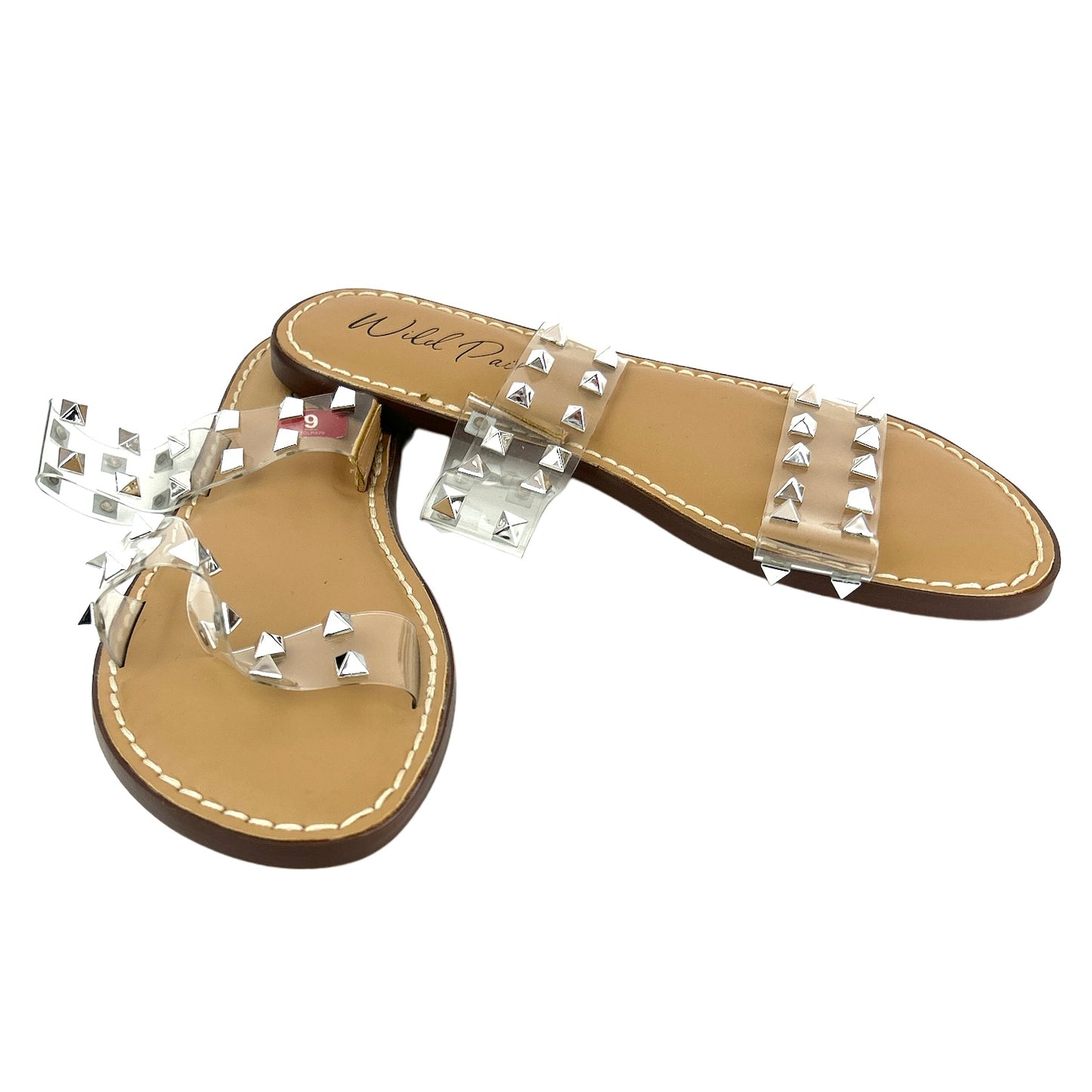 GINNIEV Double Band Slide Flats Silver Stud Size 9 Women's Sandals