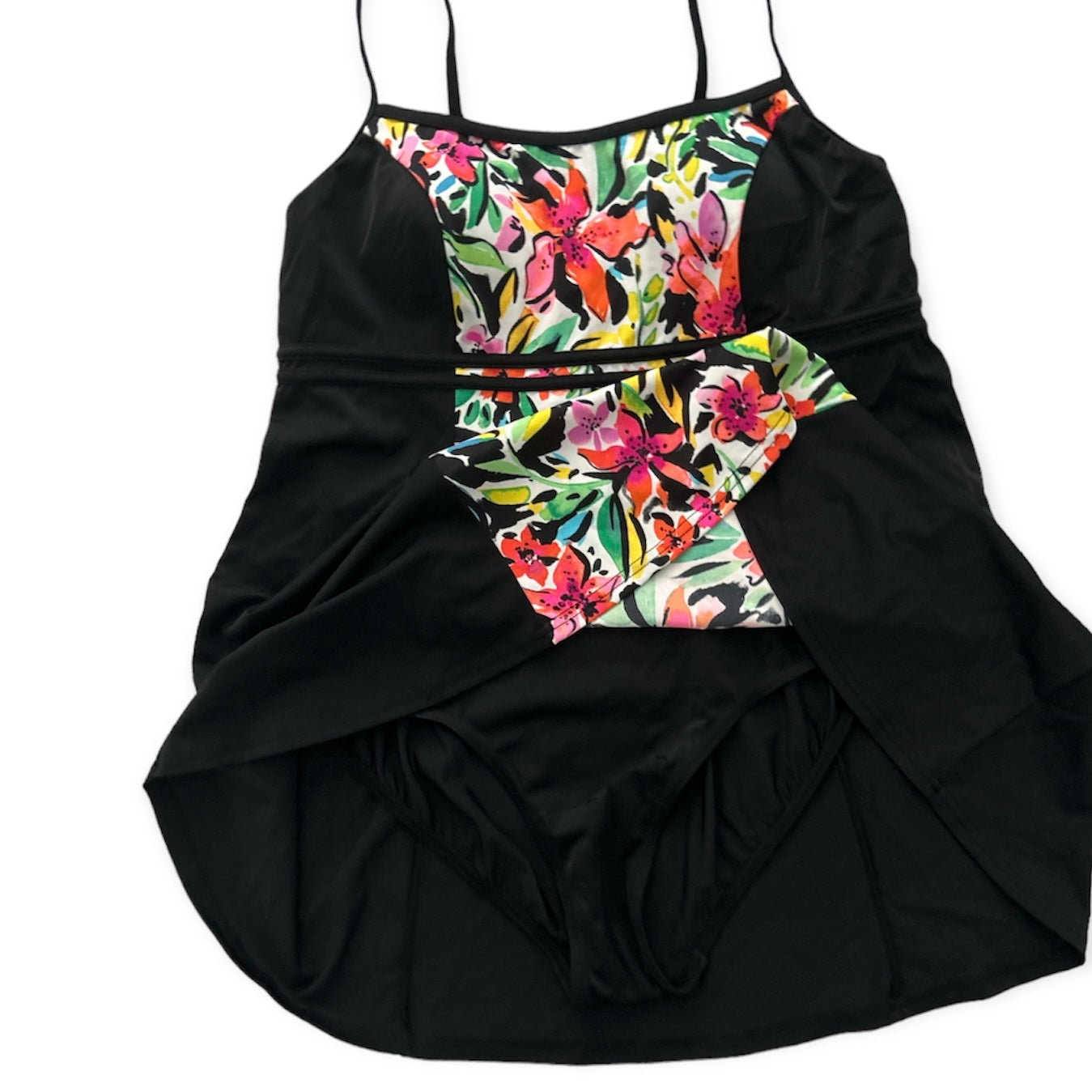 Thighs Black/Floral Print One Piece Size 12 Women's Dress Swimwear
