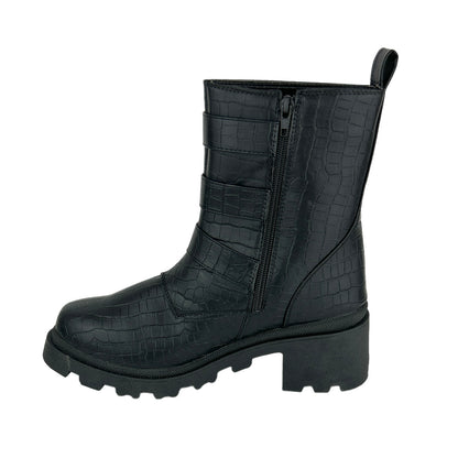 FILO Black Croc Block Heels Round Toe Size 9.5M Women's Combat Boots