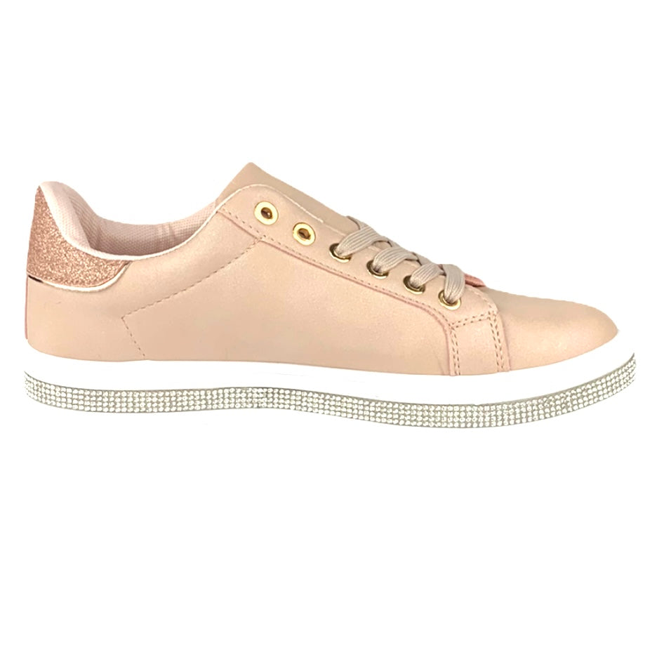 Pink/Rhinestone Faux Leather Lace-Up Size 7 Women's Sneakers