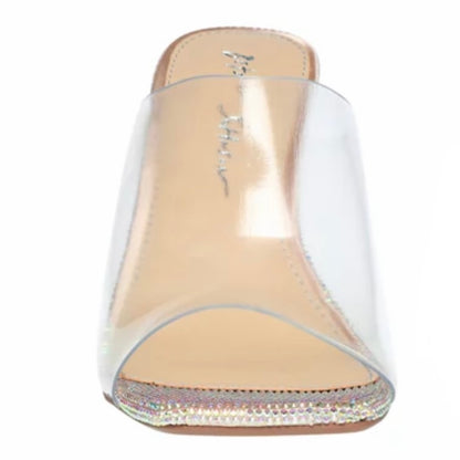 Silver Rhinestone Stiletto Heel Square Toe Clear Upper Women's Dress Sandals
