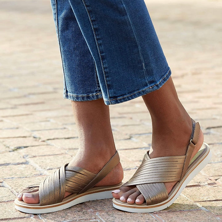 TIMBERLAND Adley Shore Ankle Strap Women Sandals Gold Full Grain Size 9M - Fannetti Boutique