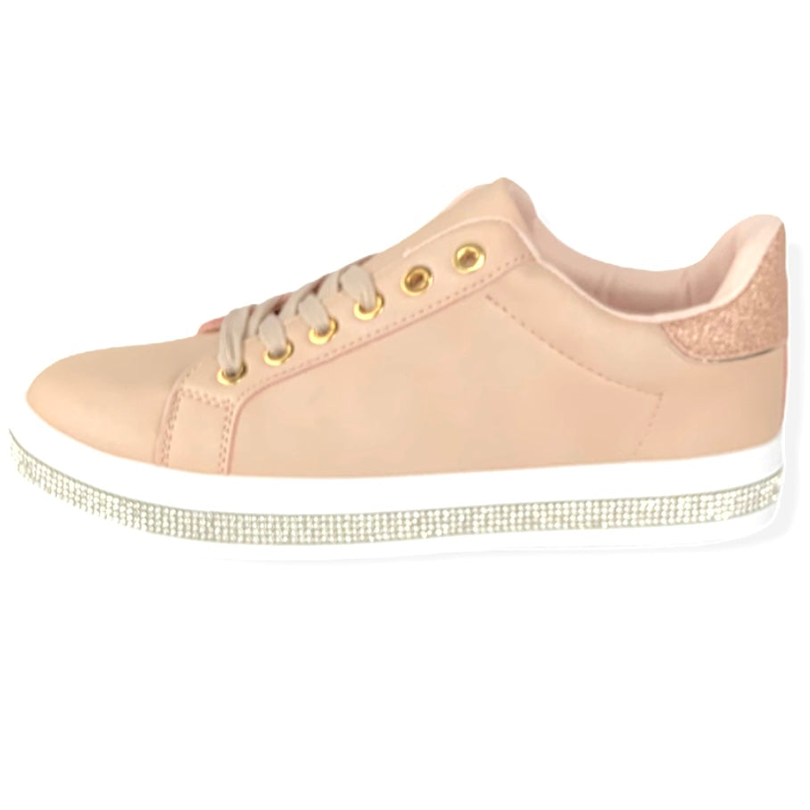 Pink/Rhinestone Faux Leather Lace-Up Size 7 Women's Sneakers
