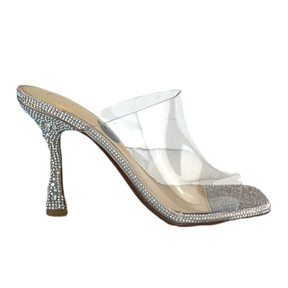 Silver Rhinestone Stiletto Heel Square Toe Clear Upper Women's Dress Sandals