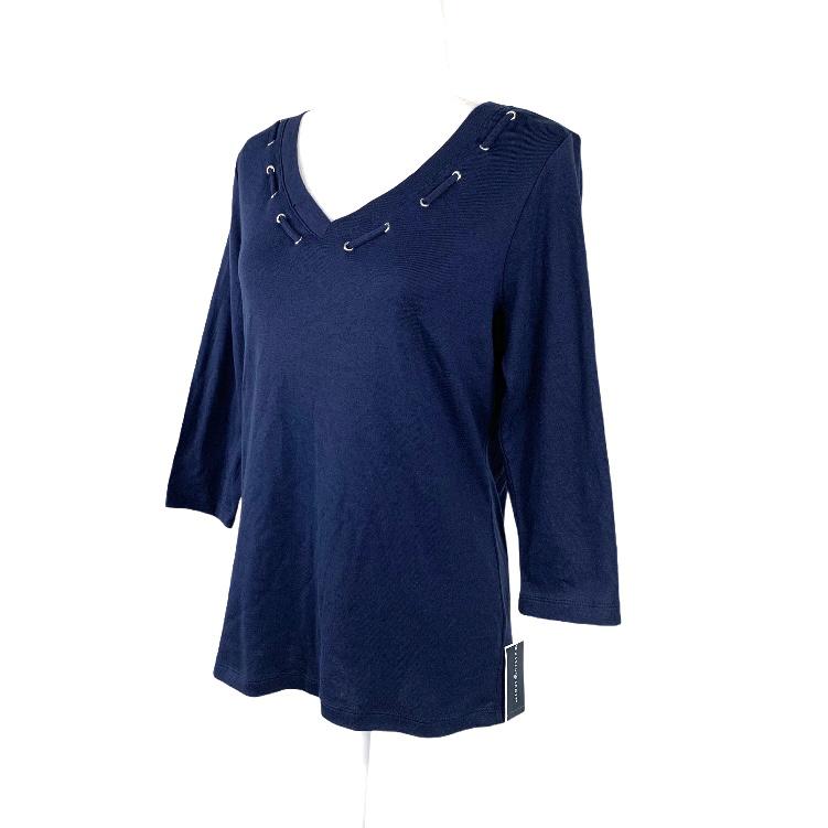 Navy 3/4 Sleeve Neck-V Size M Women's Sweaters-- - Fannetti Boutique