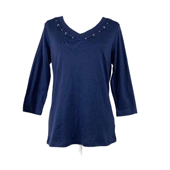 Navy 3/4 Sleeve Neck-V Size M Women's Sweaters-- - Fannetti Boutique