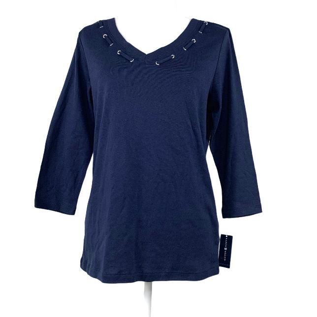 Navy 3/4 Sleeve Neck-V Size M Women's Sweaters-- - Fannetti Boutique