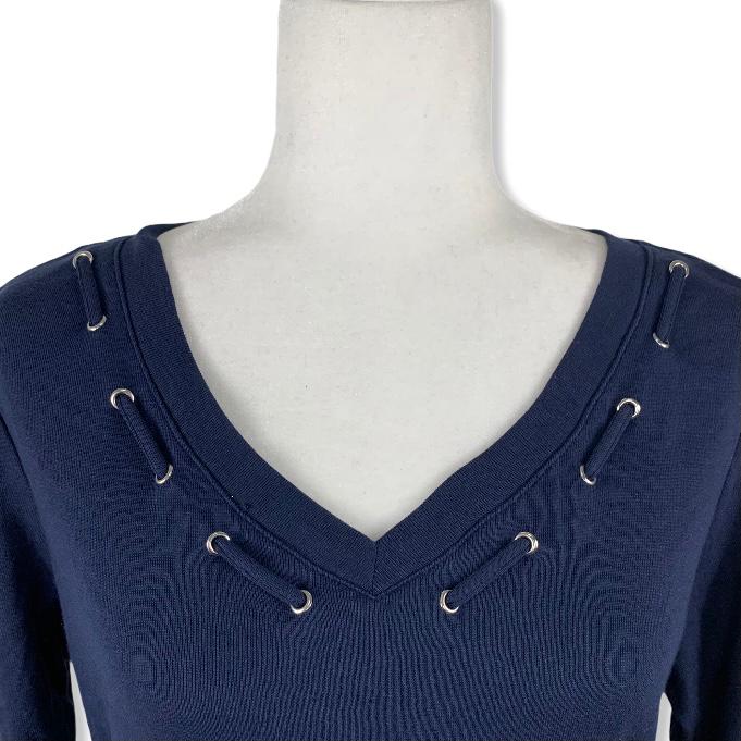 Navy 3/4 Sleeve Neck-V Size M Women's Sweaters-- - Fannetti Boutique