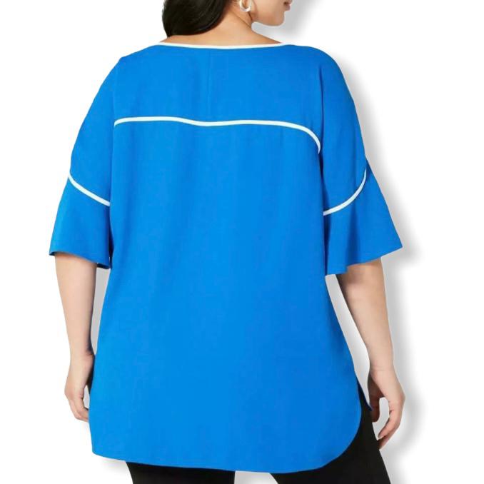 Blue/White Piping Tops Short Sleeve Scoop Neck Plus Size 0X Women's Blouse