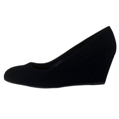 Black Suede Wedge Heels Round Toe Slip On Women's Shoes