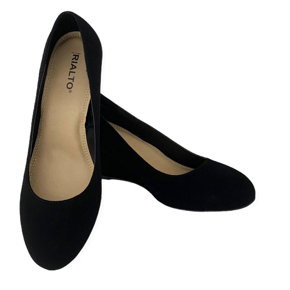 Black Suede Wedge Heels Round Toe Slip On Women's Shoes