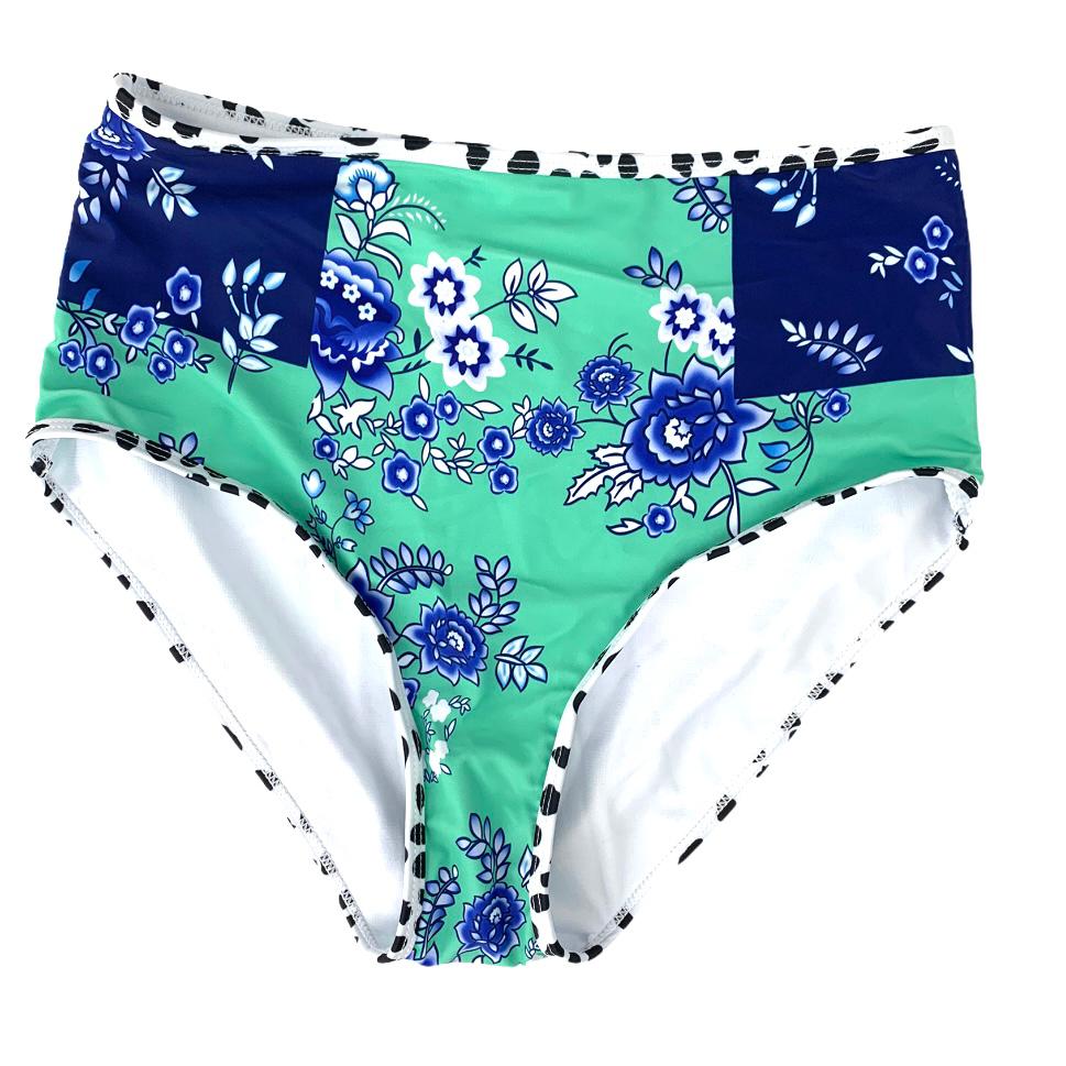 Green/Navy/Floral Print Bikini Bottom Size S Women's Swimwear