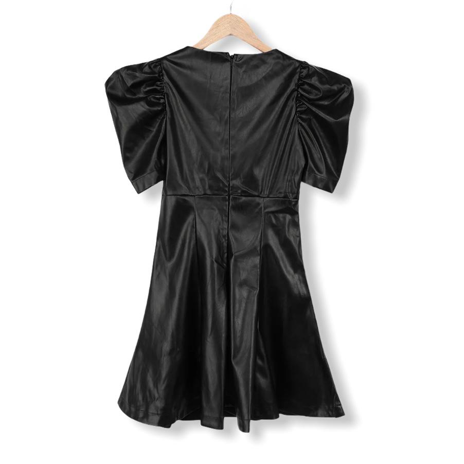 Black Vegan Leather Puff Sleeve Size S Crew Neck Mini Women's Dress