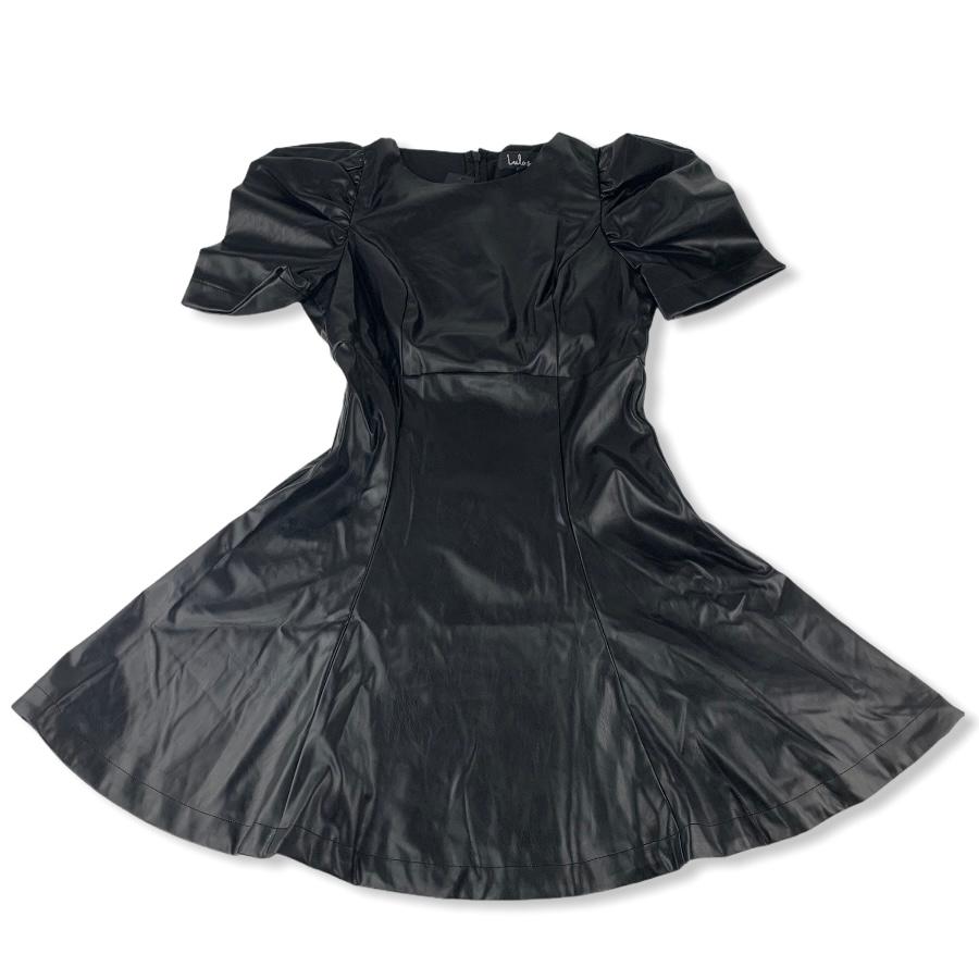 Black Vegan Leather Puff Sleeve Size S Crew Neck Mini Women's Dress