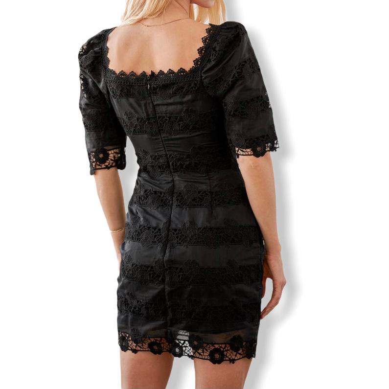 Black Lace Square Neck Bodycon Elbow Sleeve Size M Women's Dress