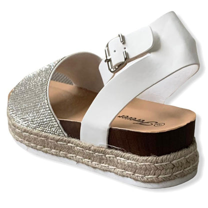 White/Silver Rhinestone Espadrille Ankle Buckle Women's Sandals