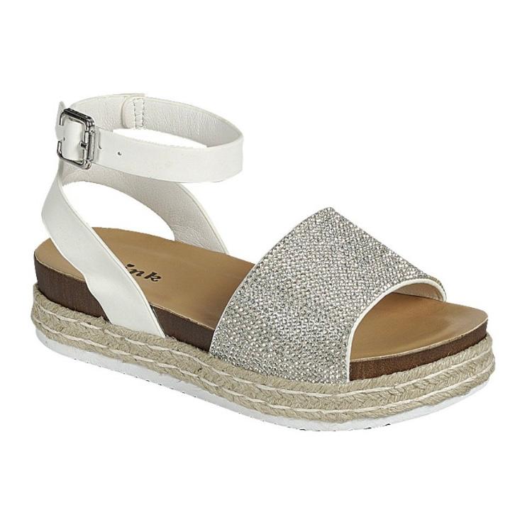 White/Silver Rhinestone Espadrille Ankle Buckle Women's Sandals