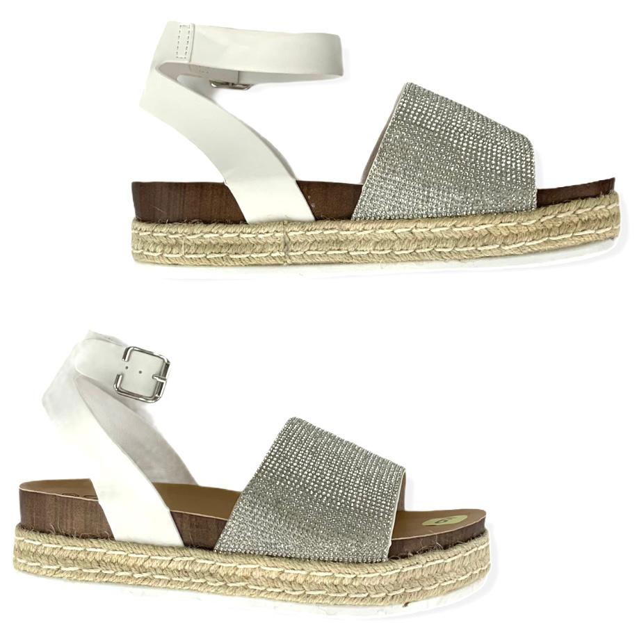 White/Silver Rhinestone Espadrille Ankle Buckle Women's Sandals