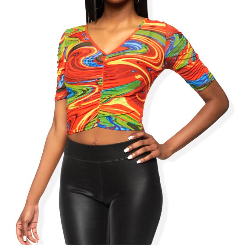Multicolor Ruched Front Puff Sleeve V-Neck Women's Crop Top