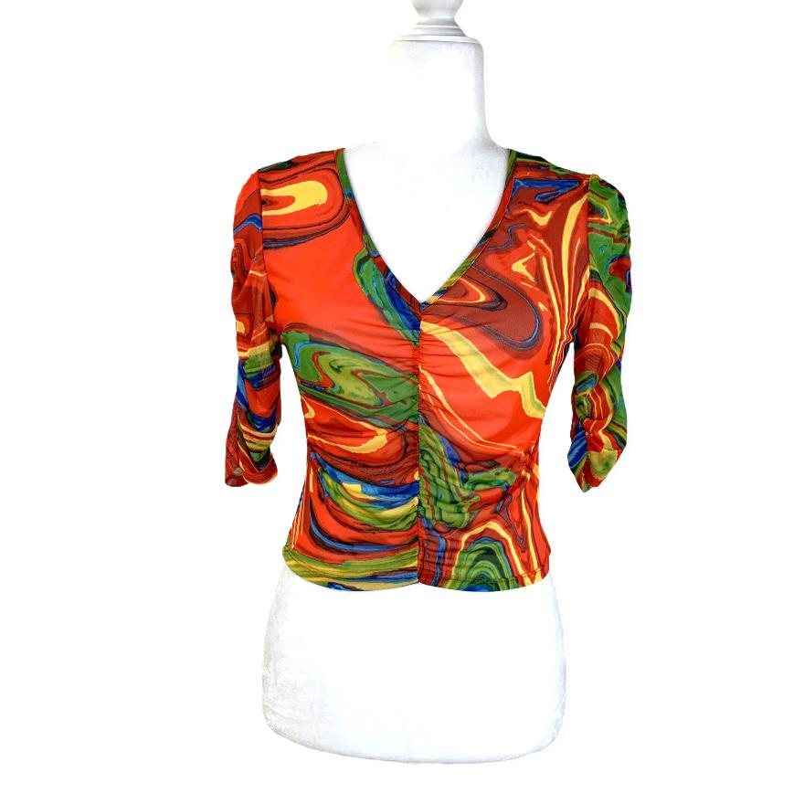 Multicolor Ruched Front Puff Sleeve V-Neck Women's Crop Top