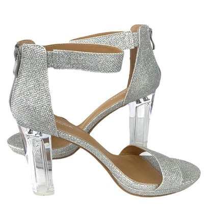 Glitter Silver Block Heel Ankle Strap Zip Up Size 10 Women's Sandals