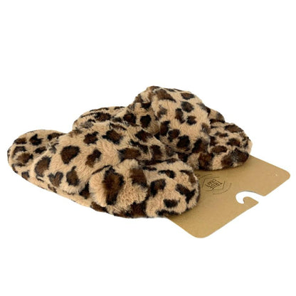 Leopard Fuzzy Furry CrissCross Slip-on Sandal Slippers