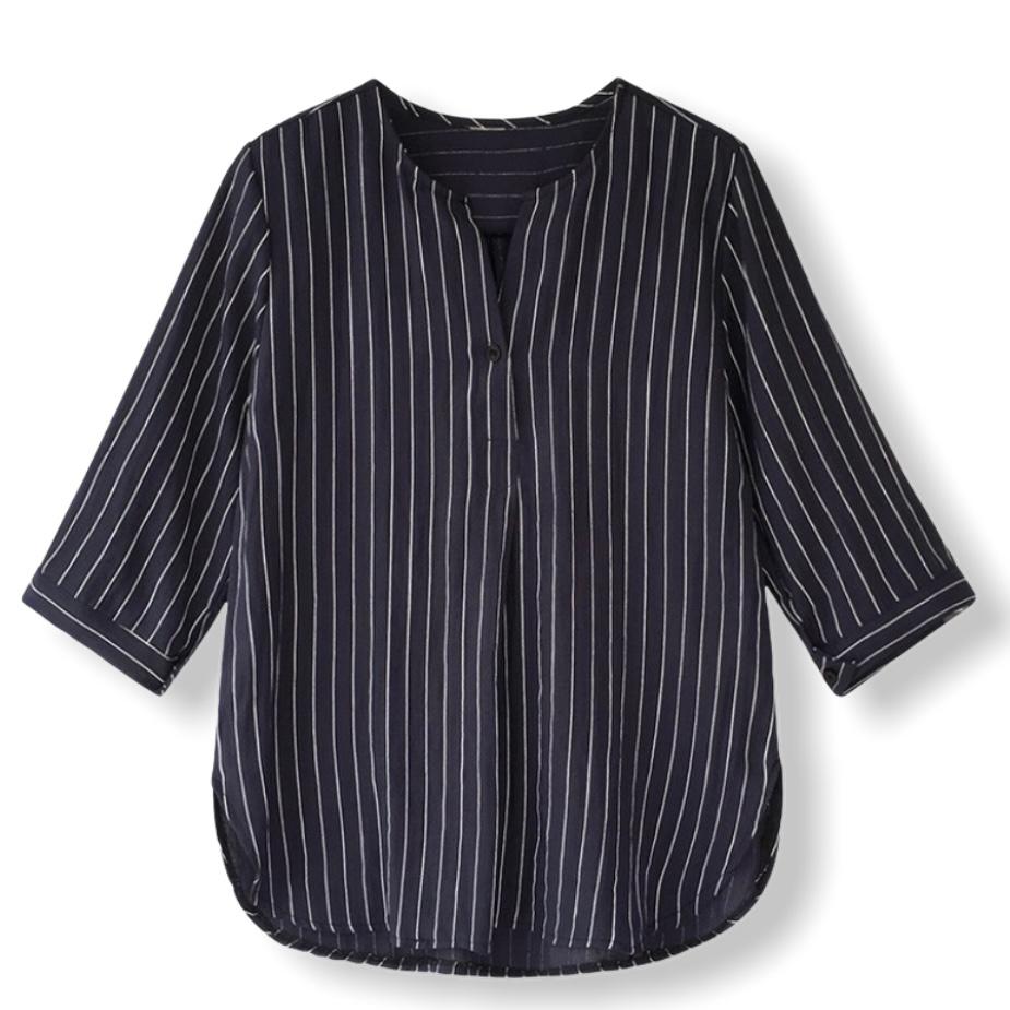 SEVEGO Women's Blouse Navy/White Striped ¾ Sleeve  Plus Size Top