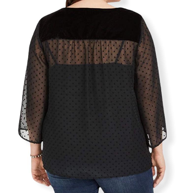 Plus Size OX Black Mixed-Media Sheer-Sleeve Women's Blouses