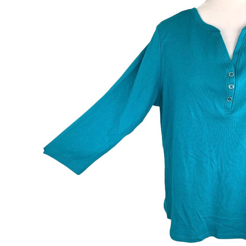 Peacock Teal V-Neck Henley Plus Size 0X ¾ Sleeve Women's Top