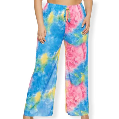 Tie Dye Multicolor Plus Size 1X Wide Leg Women's Pants