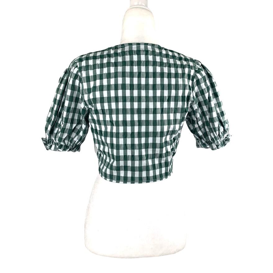 Green/White Puff Sleeve Crop Top Stretch Women's Blouse