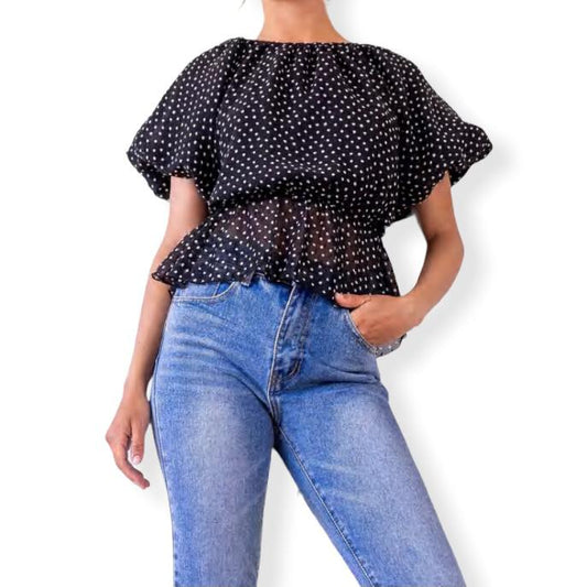 Women's Blouse Puff Sleeve Crew Neck Top