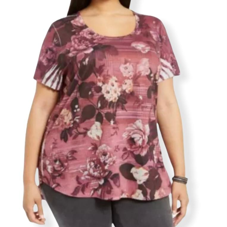 Red/Floral Print Short Sleeve Tops Plus Size 0X Women's T-Shirt