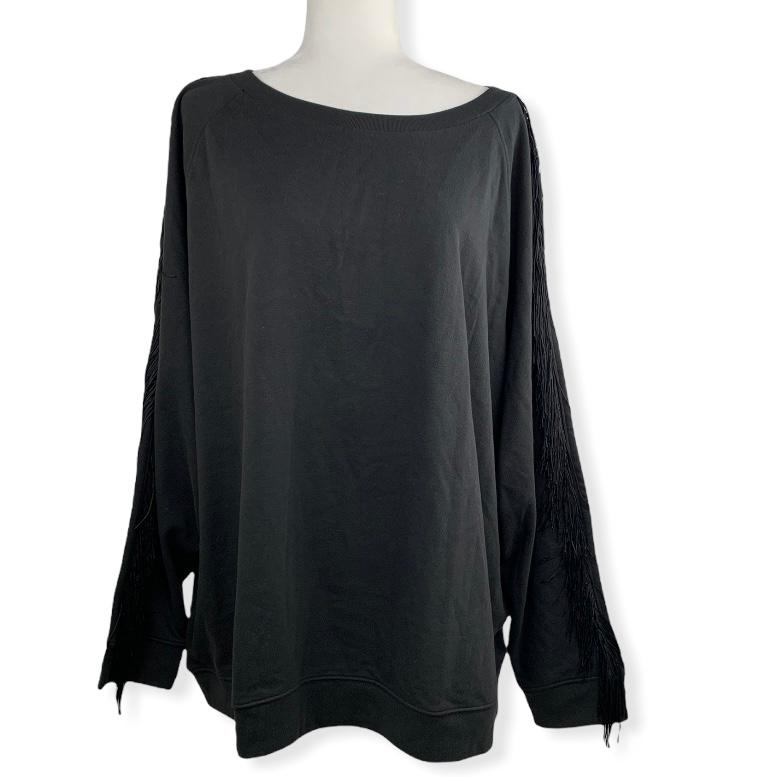 Fringe-Trim Sleeve Sweatshirt Black Plus Size 3X Women's Top Sweaters