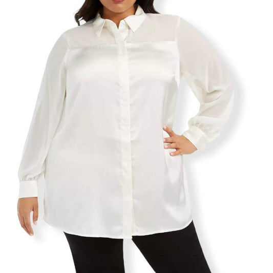 Plus Size Long Sleeve Button-Front Shirt White Women's Blouse