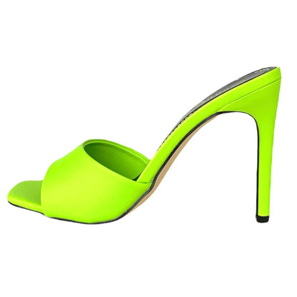 Neon Lime High Heel Open Square Toe Slip On Women's Sandals