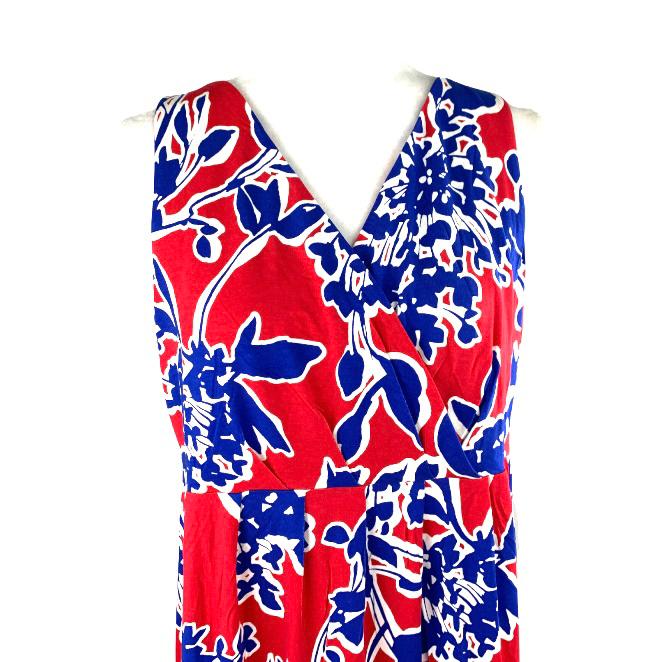 Sleeveless Red/Blue Floral Print V-Neck Wrap Women's Dress