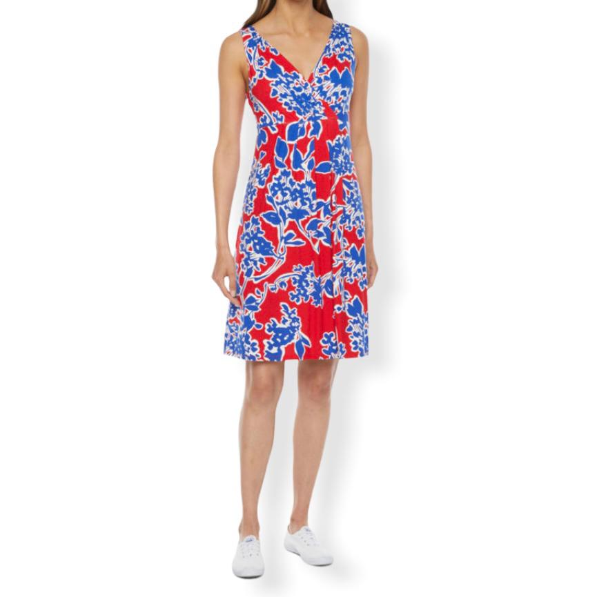 Sleeveless Red/Blue Floral Print V-Neck Wrap Women's Dress