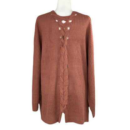 Brown Long Sleeve Open Front Sweaters Knitted Plus Size Women's Cardigan