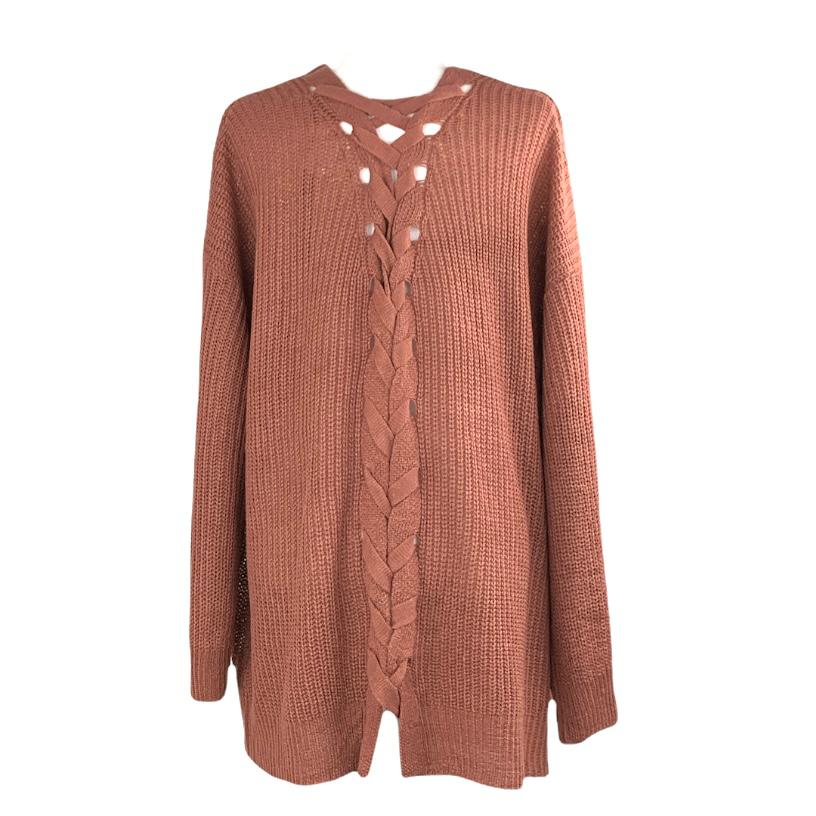 Brown Long Sleeve Open Front Sweaters Knitted Plus Size Women's Cardigan