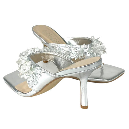 Thong Silver Square Toe Heel Size 8 Women's Sandals