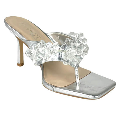 Thong Silver Square Toe Heel Size 8 Women's Sandals