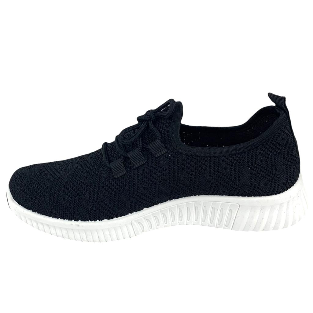 Black Knit Lace-Up Round Toe Comfort Women's Sneakers